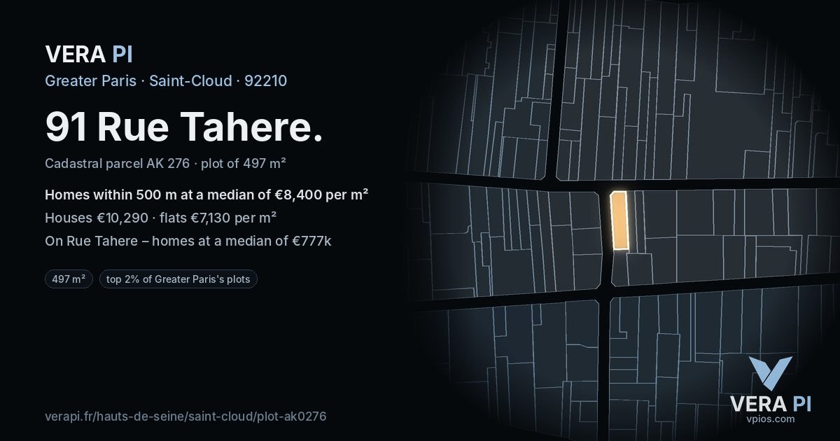 91 Rue Tahere, Saint-Cloud at night – the plot lit, the parcels around coloured by the prices near them