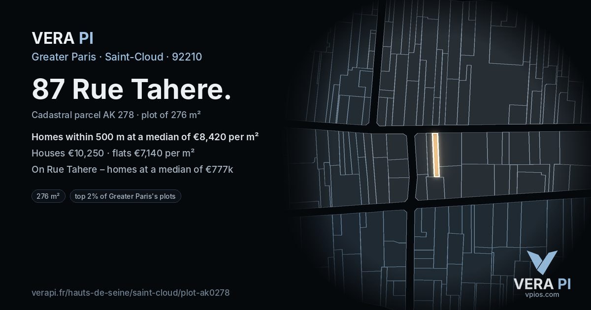 87 Rue Tahere, Saint-Cloud at night – the plot lit, the parcels around coloured by the prices near them