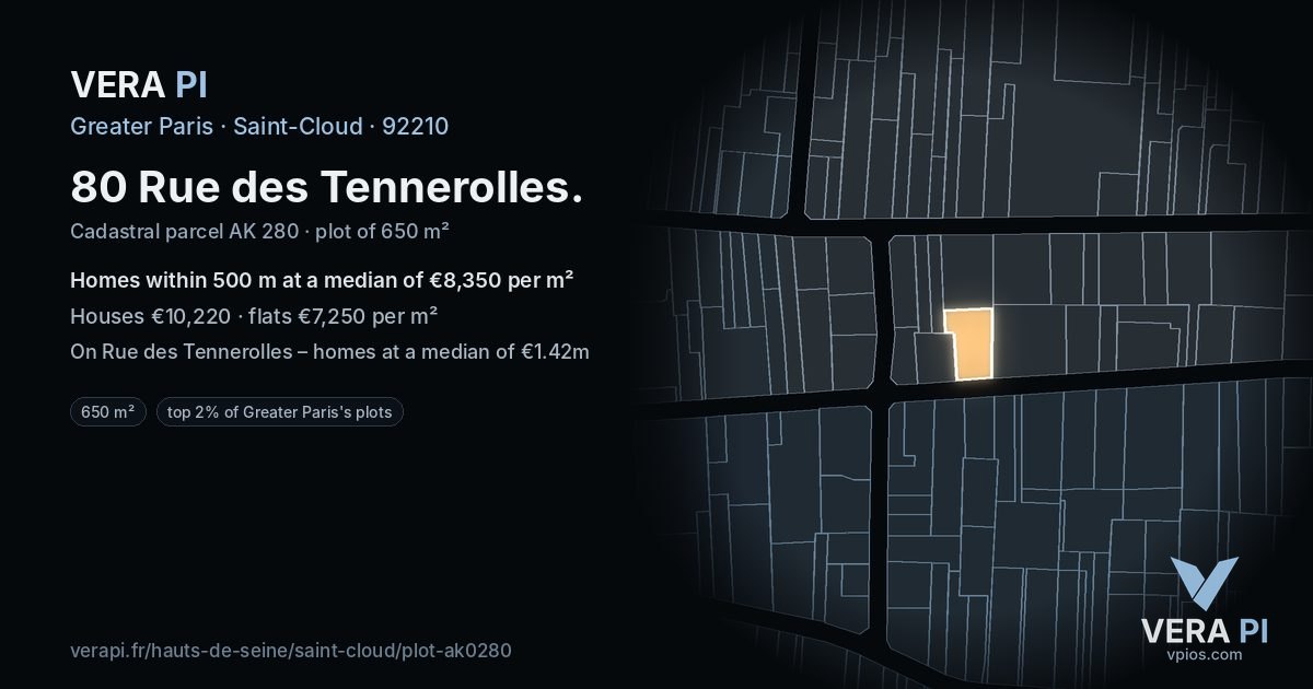 80 Rue des Tennerolles, Saint-Cloud at night – the plot lit, the parcels around coloured by the prices near them
