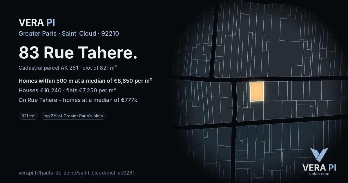 83 Rue Tahere, Saint-Cloud at night – the plot lit, the parcels around coloured by the prices near them
