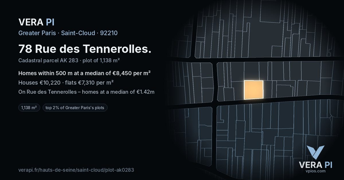 78 Rue des Tennerolles, Saint-Cloud at night – the plot lit, the parcels around coloured by the prices near them