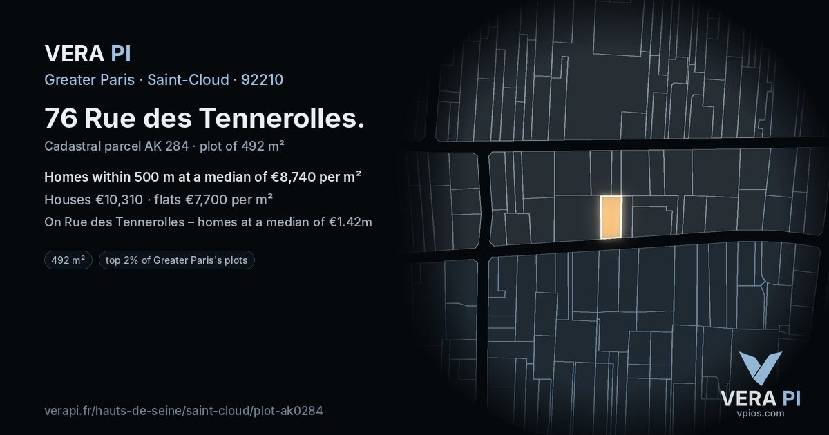 76 Rue des Tennerolles, Saint-Cloud at night – the plot lit, the parcels around coloured by the prices near them