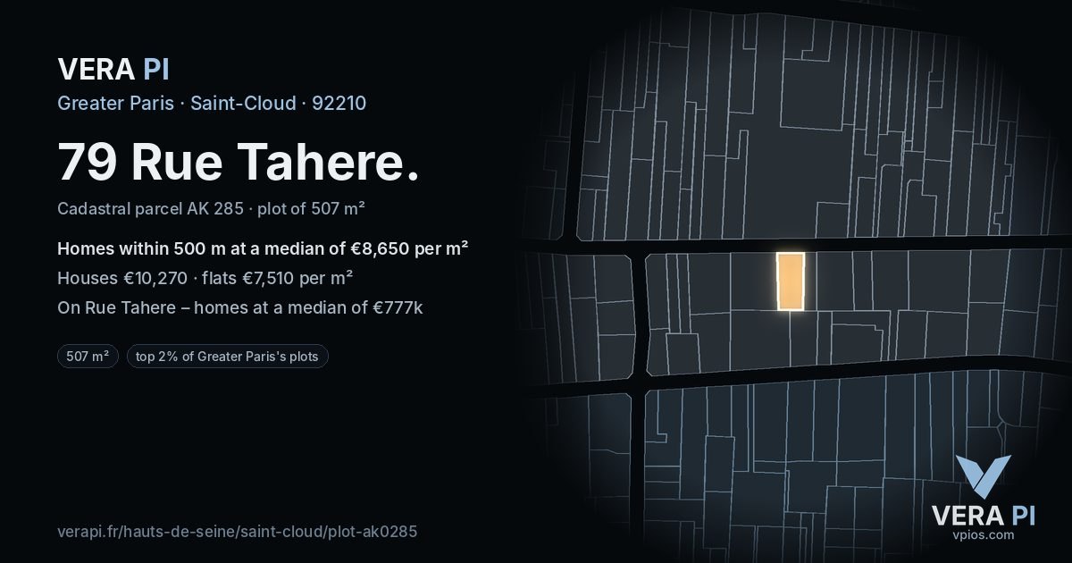 79 Rue Tahere, Saint-Cloud at night – the plot lit, the parcels around coloured by the prices near them