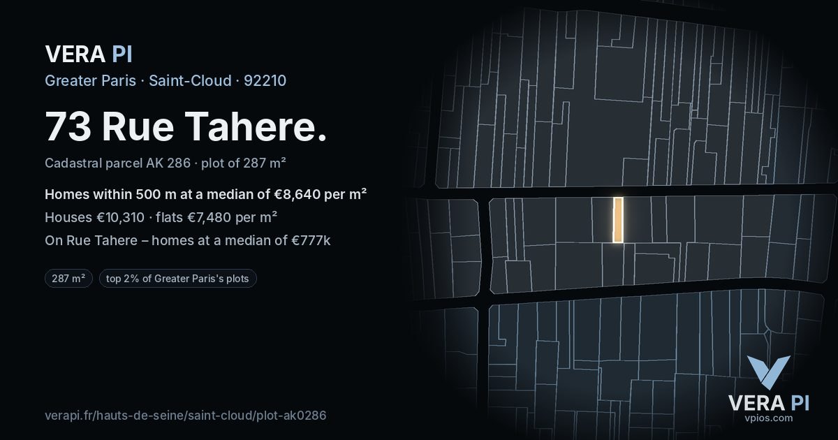 73 Rue Tahere, Saint-Cloud at night – the plot lit, the parcels around coloured by the prices near them
