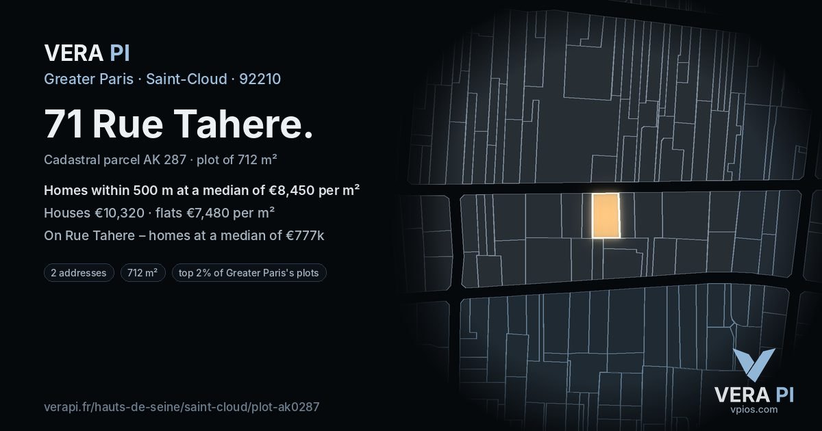 71 Rue Tahere, Saint-Cloud at night – the plot lit, the parcels around coloured by the prices near them