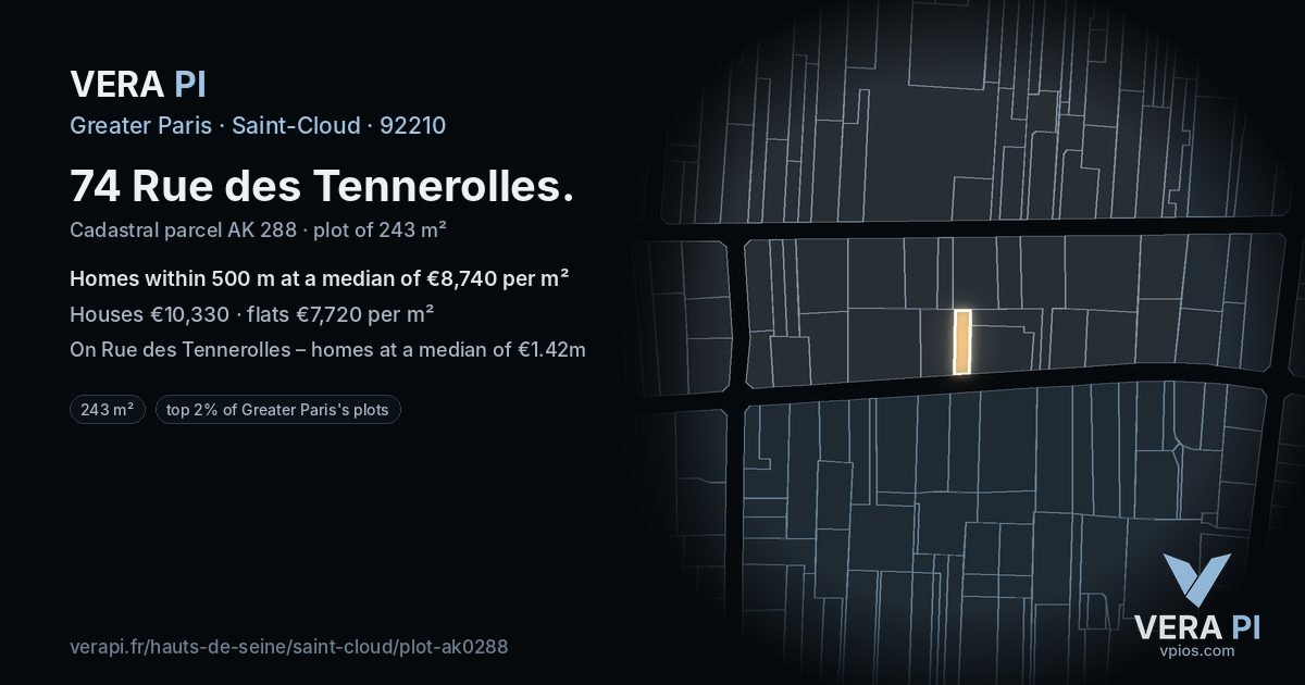 74 Rue des Tennerolles, Saint-Cloud at night – the plot lit, the parcels around coloured by the prices near them