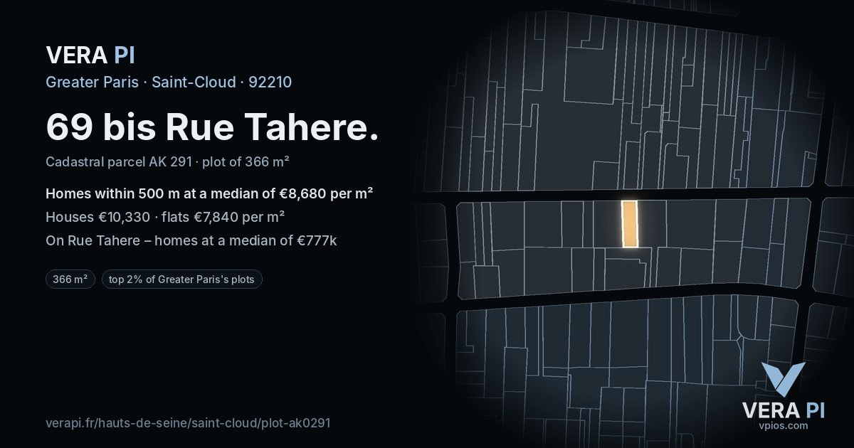 69 bis Rue Tahere, Saint-Cloud at night – the plot lit, the parcels around coloured by the prices near them