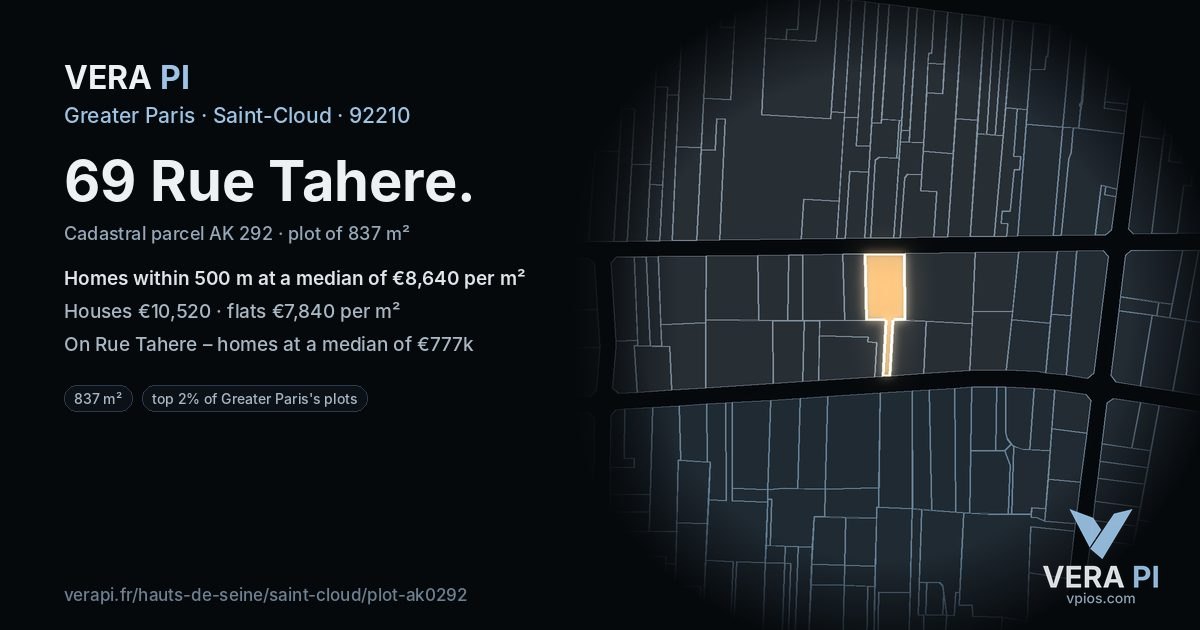 69 Rue Tahere, Saint-Cloud at night – the plot lit, the parcels around coloured by the prices near them