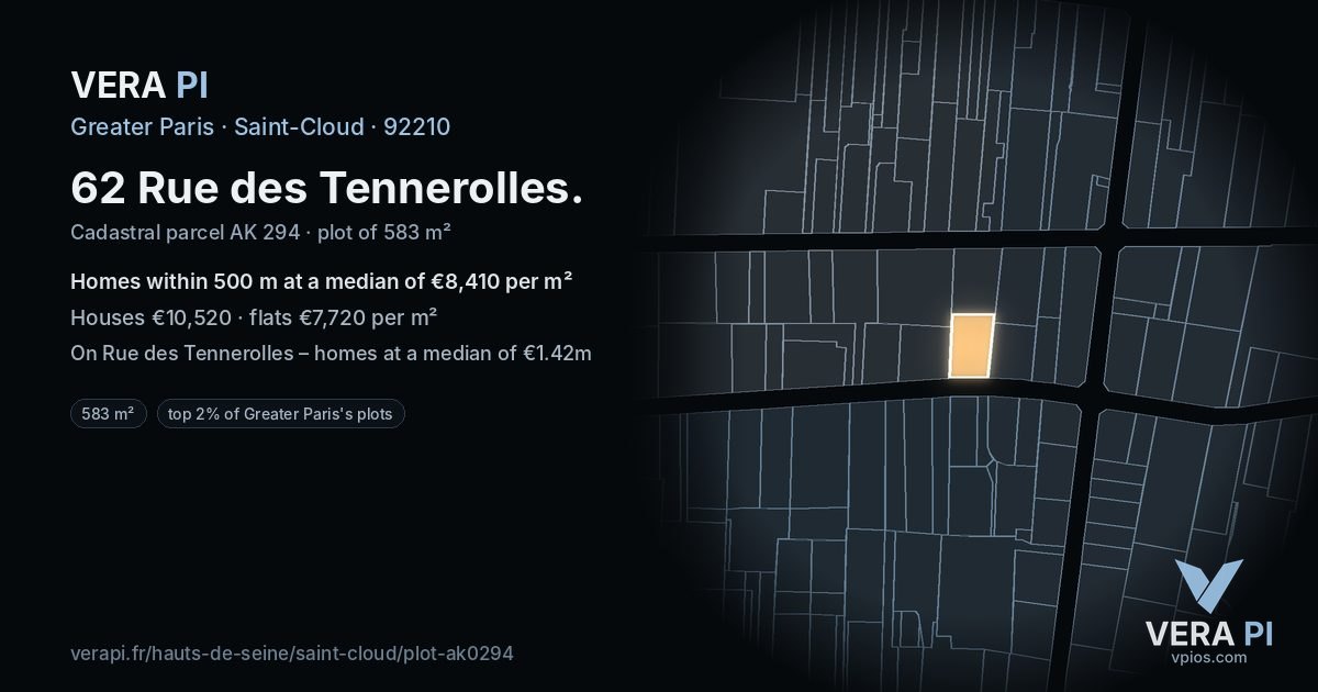 62 Rue des Tennerolles, Saint-Cloud at night – the plot lit, the parcels around coloured by the prices near them