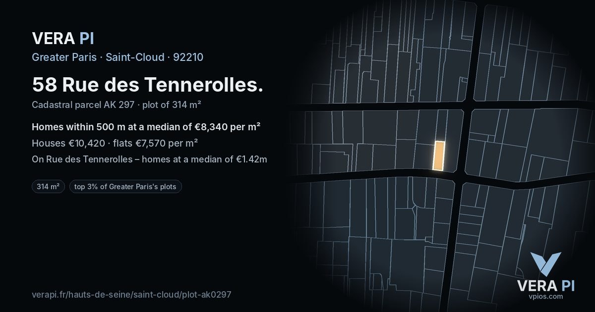 58 Rue des Tennerolles, Saint-Cloud at night – the plot lit, the parcels around coloured by the prices near them