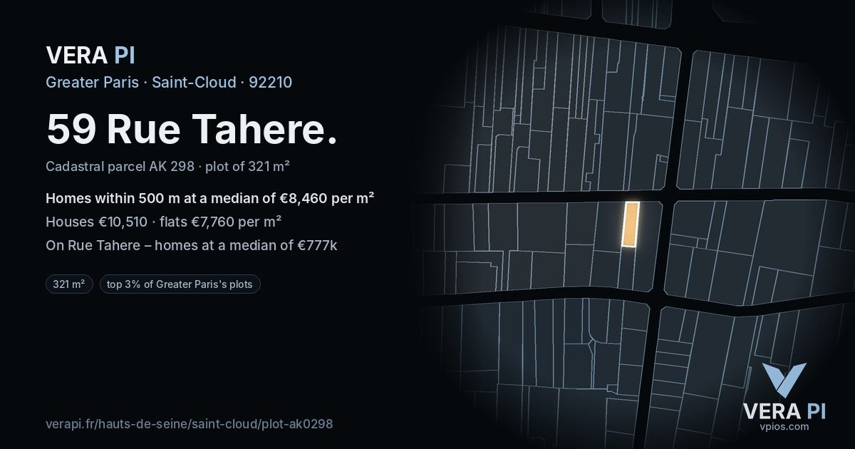 59 Rue Tahere, Saint-Cloud at night – the plot lit, the parcels around coloured by the prices near them