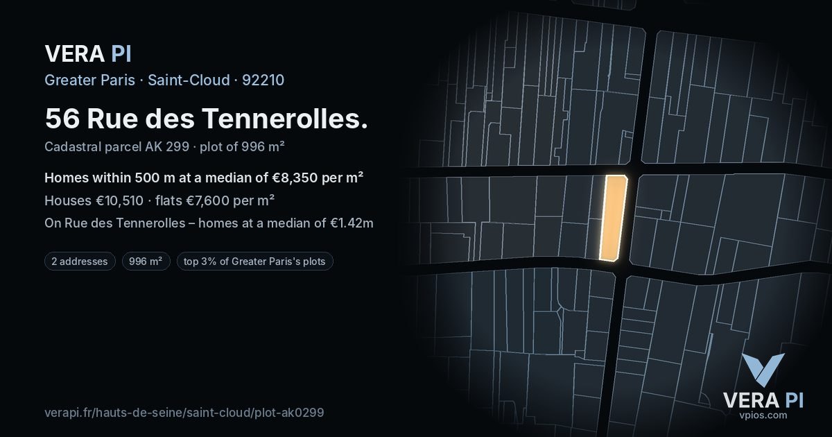 56 Rue des Tennerolles, Saint-Cloud at night – the plot lit, the parcels around coloured by the prices near them