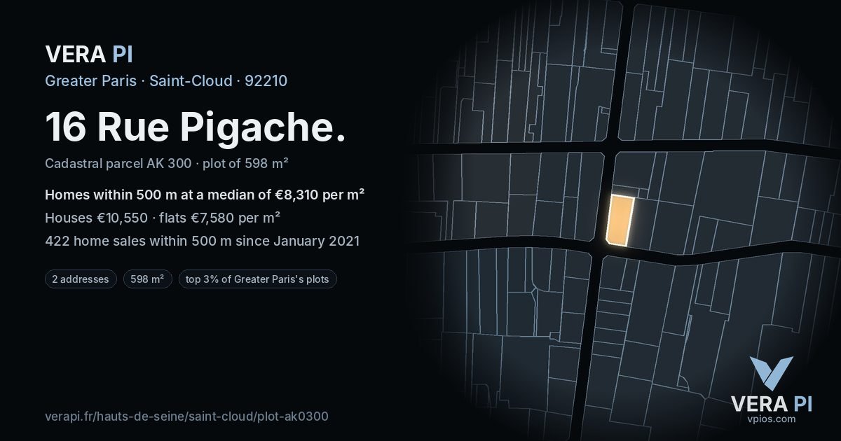 16 Rue Pigache, Saint-Cloud at night – the plot lit, the parcels around coloured by the prices near them