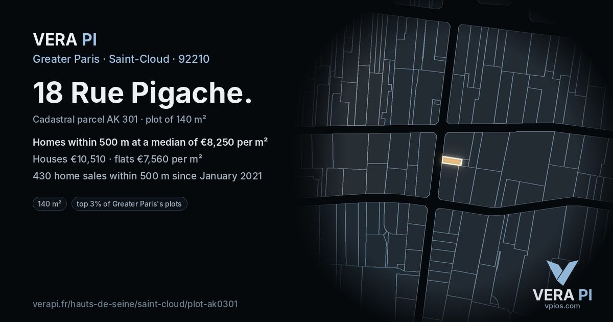 18 Rue Pigache, Saint-Cloud at night – the plot lit, the parcels around coloured by the prices near them