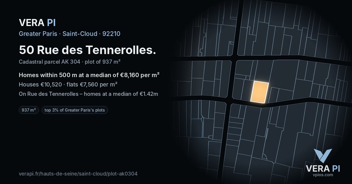 50 Rue des Tennerolles, Saint-Cloud at night – the plot lit, the parcels around coloured by the prices near them