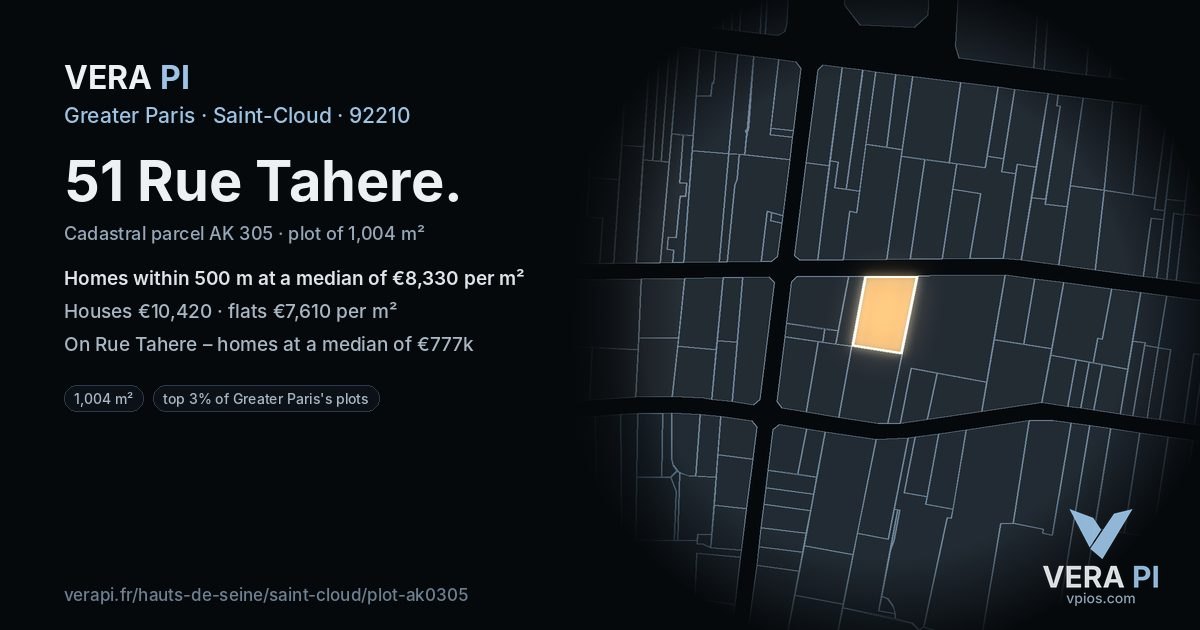 51 Rue Tahere, Saint-Cloud at night – the plot lit, the parcels around coloured by the prices near them