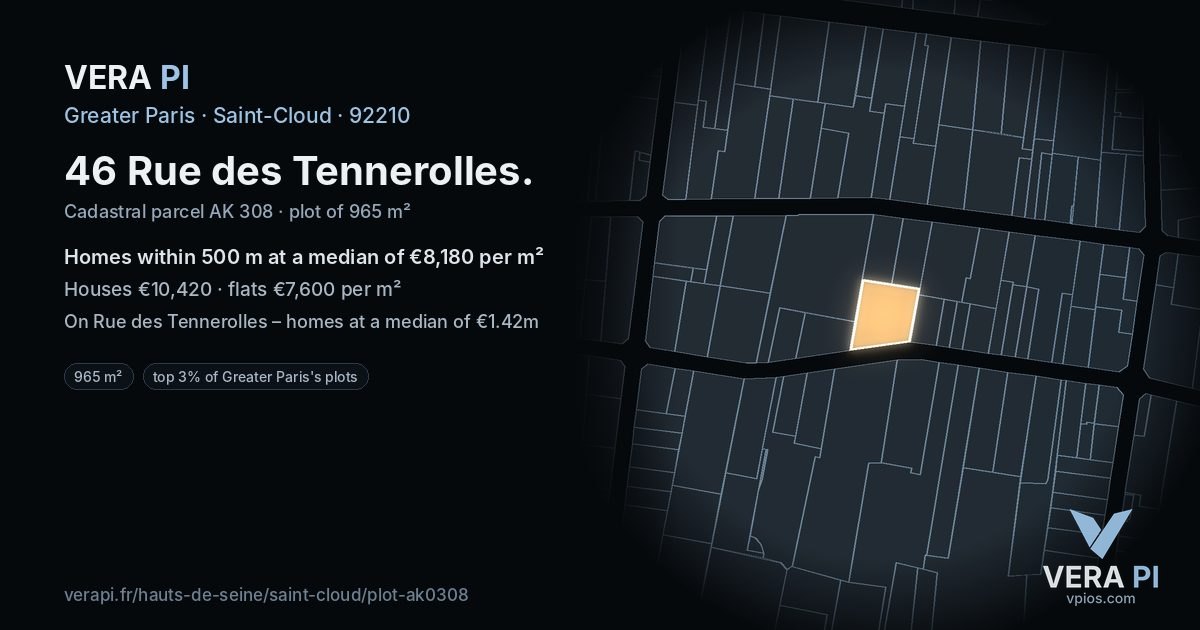 46 Rue des Tennerolles, Saint-Cloud at night – the plot lit, the parcels around coloured by the prices near them