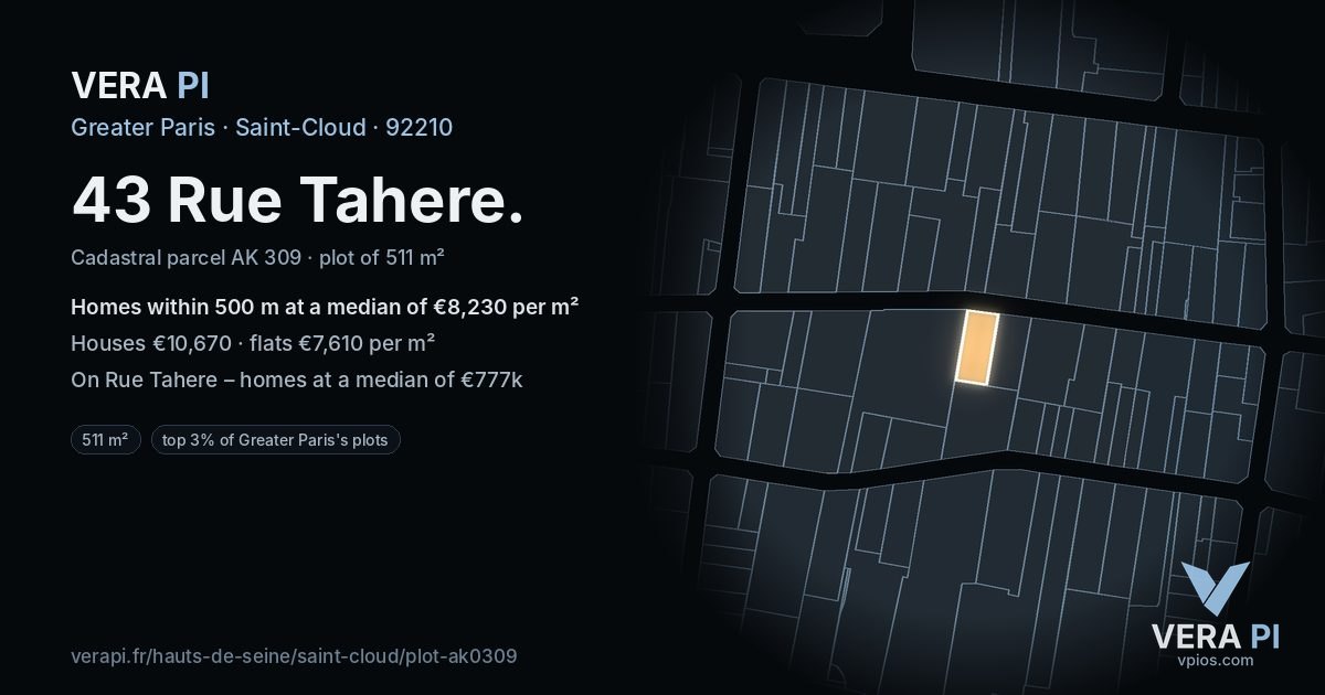 43 Rue Tahere, Saint-Cloud at night – the plot lit, the parcels around coloured by the prices near them