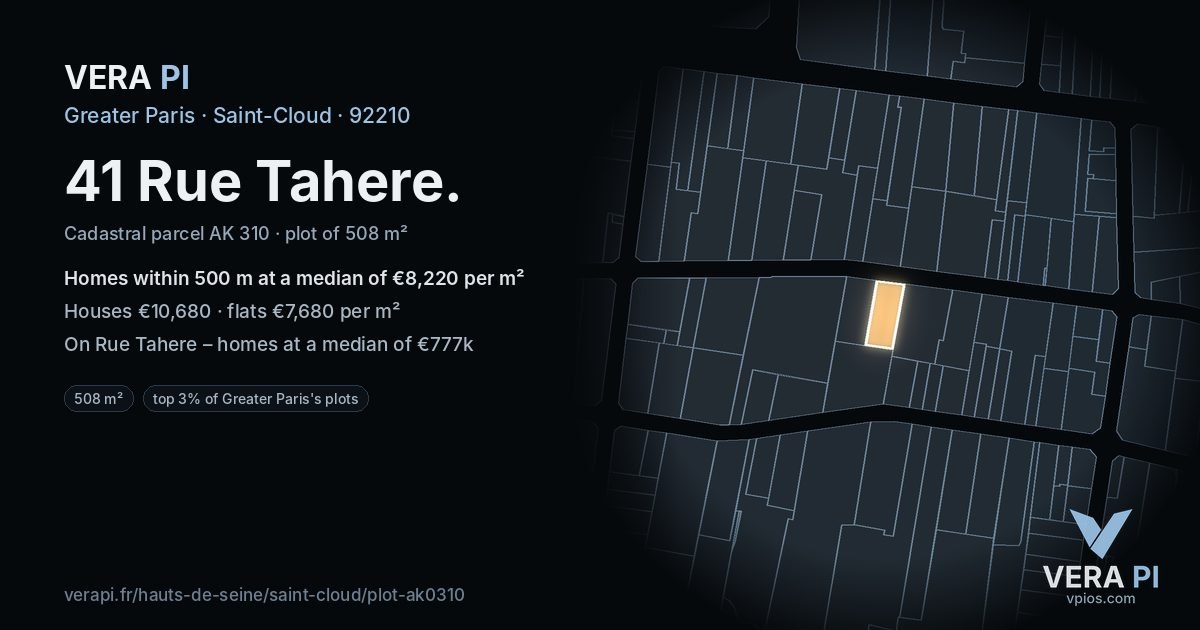 41 Rue Tahere, Saint-Cloud at night – the plot lit, the parcels around coloured by the prices near them