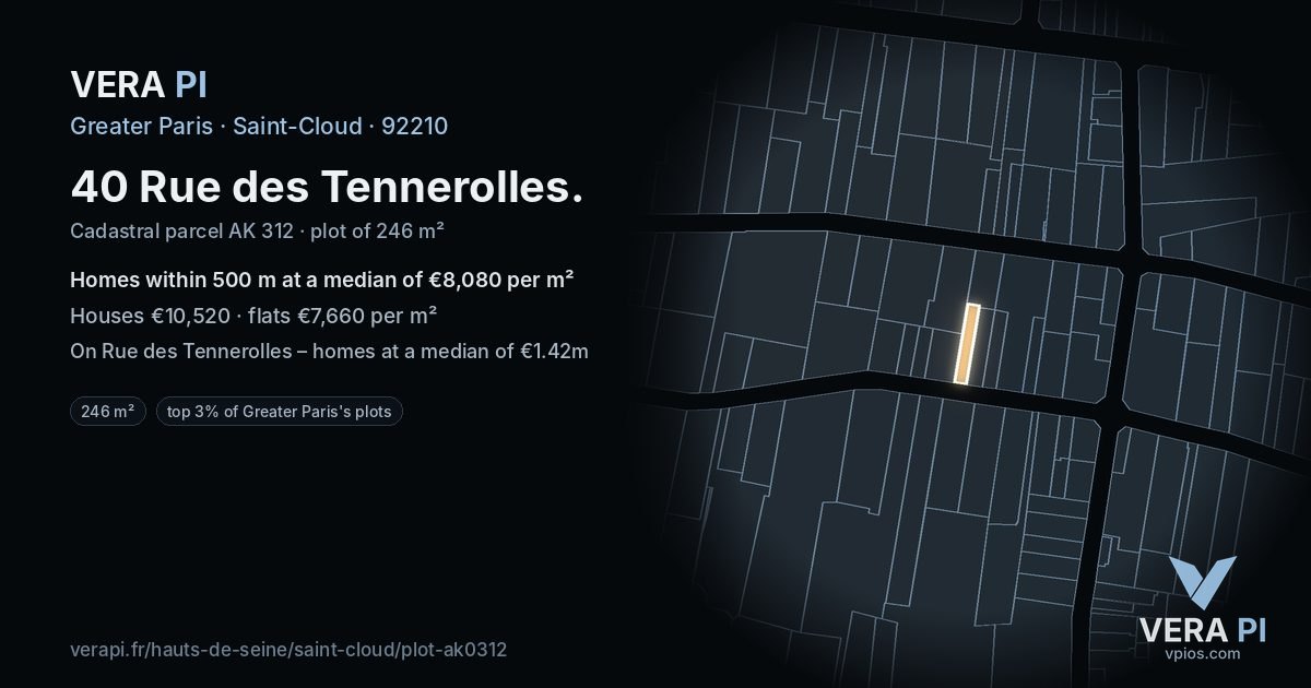 40 Rue des Tennerolles, Saint-Cloud at night – the plot lit, the parcels around coloured by the prices near them
