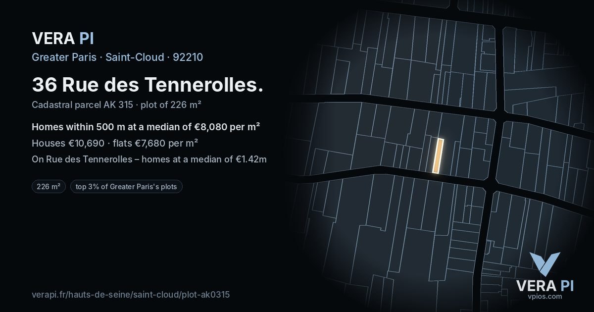 36 Rue des Tennerolles, Saint-Cloud at night – the plot lit, the parcels around coloured by the prices near them