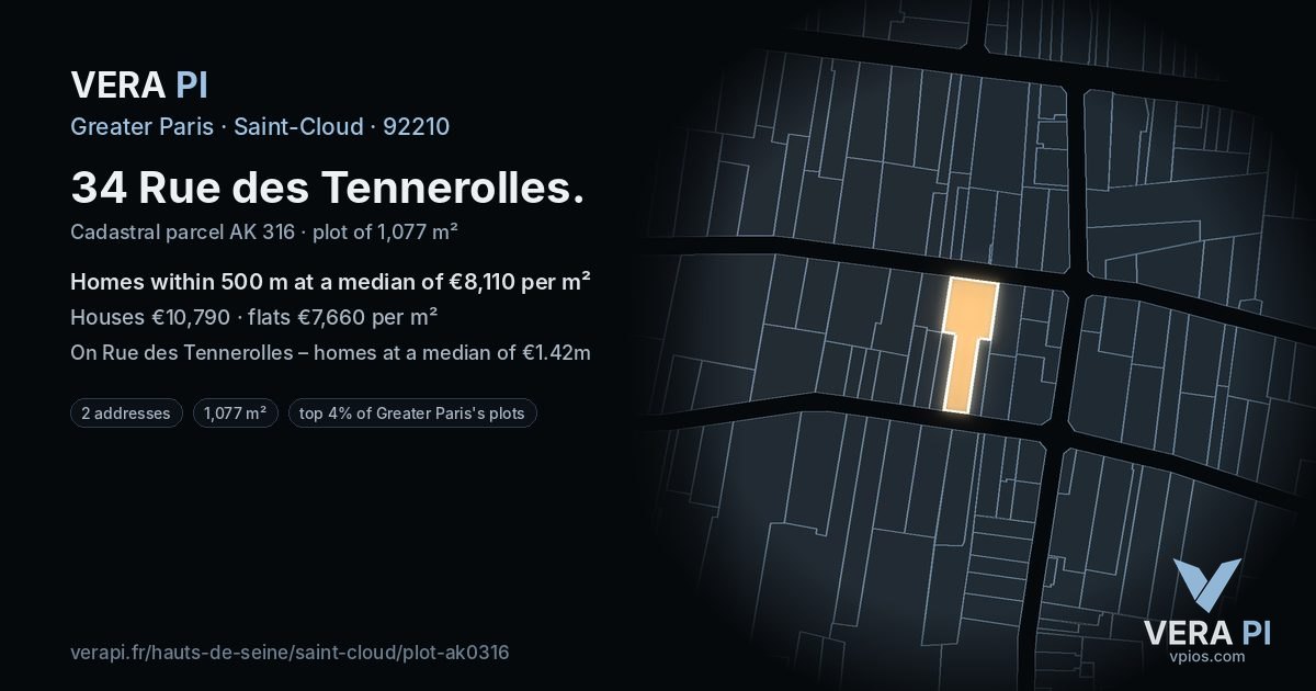 34 Rue des Tennerolles, Saint-Cloud at night – the plot lit, the parcels around coloured by the prices near them