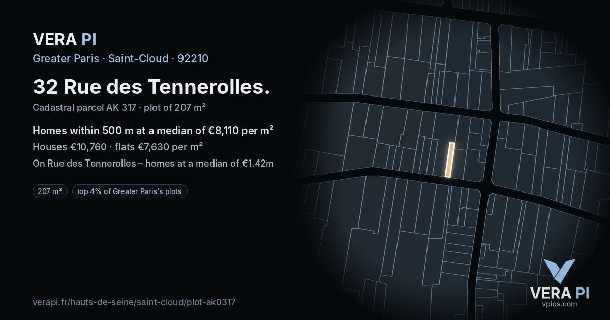 32 Rue des Tennerolles, Saint-Cloud at night – the plot lit, the parcels around coloured by the prices near them