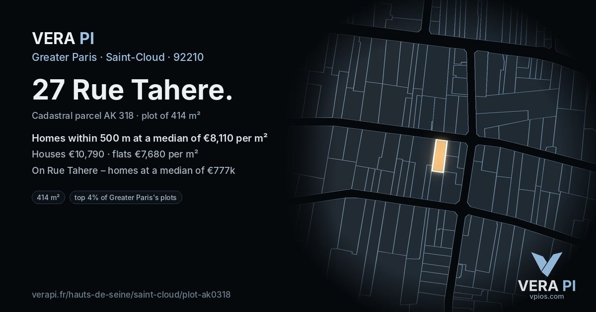 27 Rue Tahere, Saint-Cloud at night – the plot lit, the parcels around coloured by the prices near them