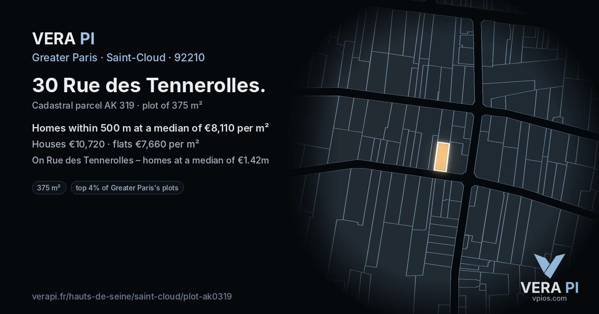 30 Rue des Tennerolles, Saint-Cloud at night – the plot lit, the parcels around coloured by the prices near them