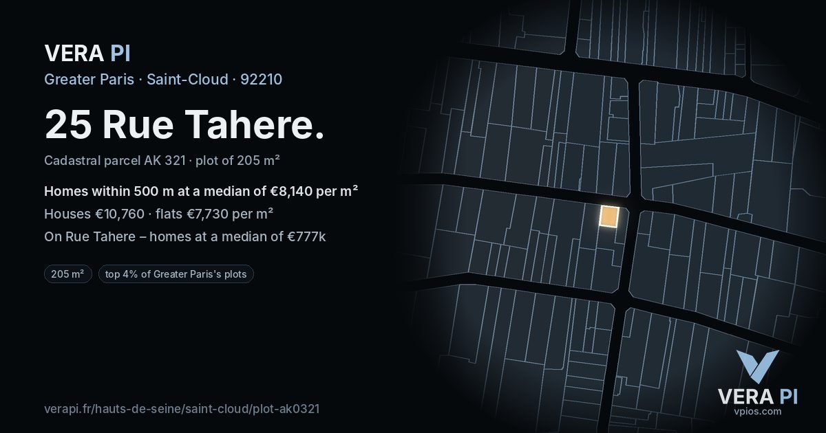25 Rue Tahere, Saint-Cloud at night – the plot lit, the parcels around coloured by the prices near them