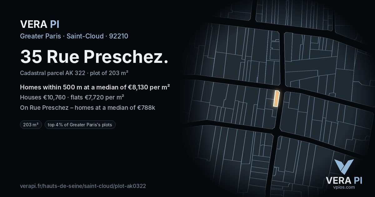 35 Rue Preschez, Saint-Cloud at night – the plot lit, the parcels around coloured by the prices near them