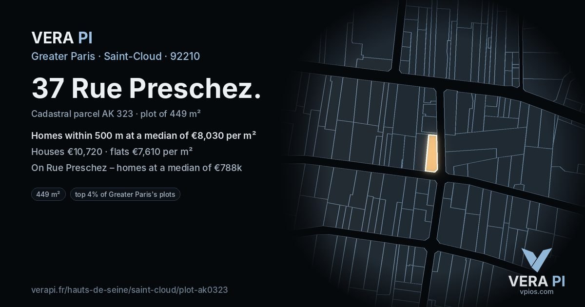37 Rue Preschez, Saint-Cloud at night – the plot lit, the parcels around coloured by the prices near them