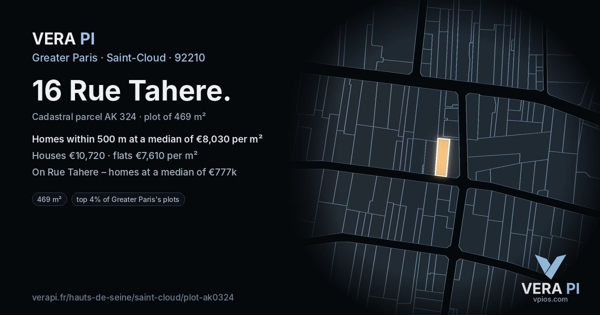 16 Rue Tahere, Saint-Cloud at night – the plot lit, the parcels around coloured by the prices near them