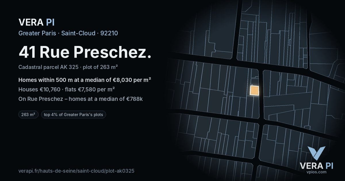 41 Rue Preschez, Saint-Cloud at night – the plot lit, the parcels around coloured by the prices near them