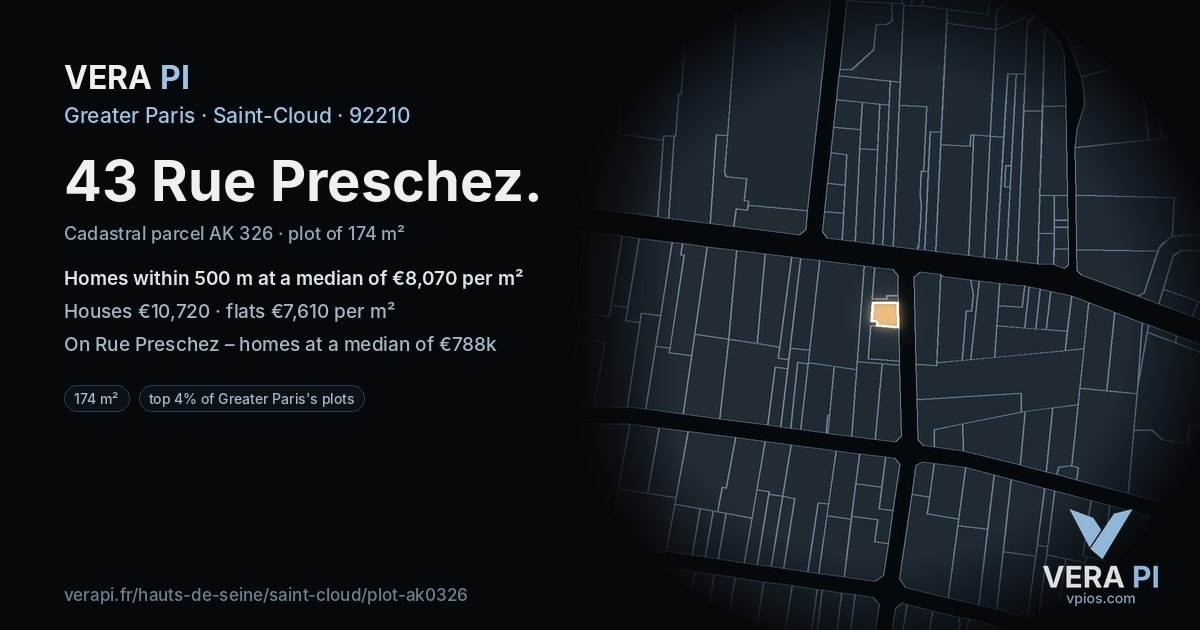 43 Rue Preschez, Saint-Cloud at night – the plot lit, the parcels around coloured by the prices near them