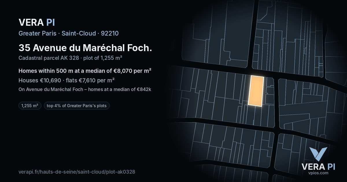 35 Avenue du Maréchal Foch, Saint-Cloud at night – the plot lit, the parcels around coloured by the prices near them