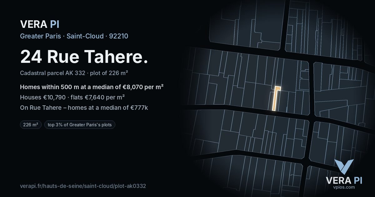 24 Rue Tahere, Saint-Cloud at night – the plot lit, the parcels around coloured by the prices near them