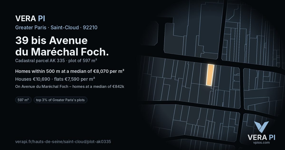 39 bis Avenue du Maréchal Foch, Saint-Cloud at night – the plot lit, the parcels around coloured by the prices near them