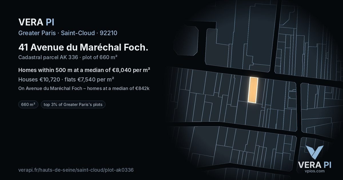 41 Avenue du Maréchal Foch, Saint-Cloud at night – the plot lit, the parcels around coloured by the prices near them