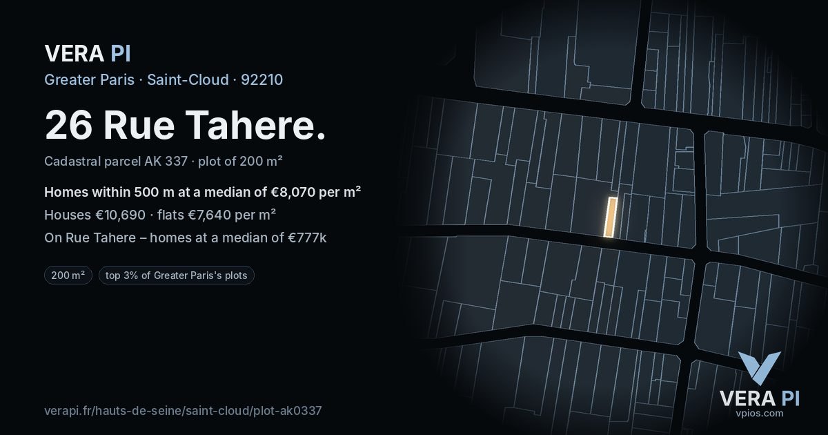 26 Rue Tahere, Saint-Cloud at night – the plot lit, the parcels around coloured by the prices near them