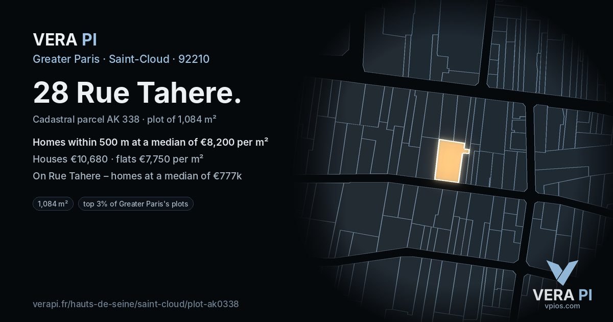 28 Rue Tahere, Saint-Cloud at night – the plot lit, the parcels around coloured by the prices near them