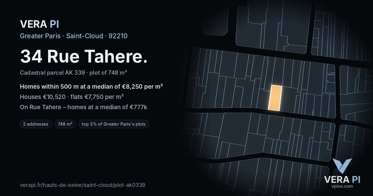 34 Rue Tahere, Saint-Cloud at night – the plot lit, the parcels around coloured by the prices near them