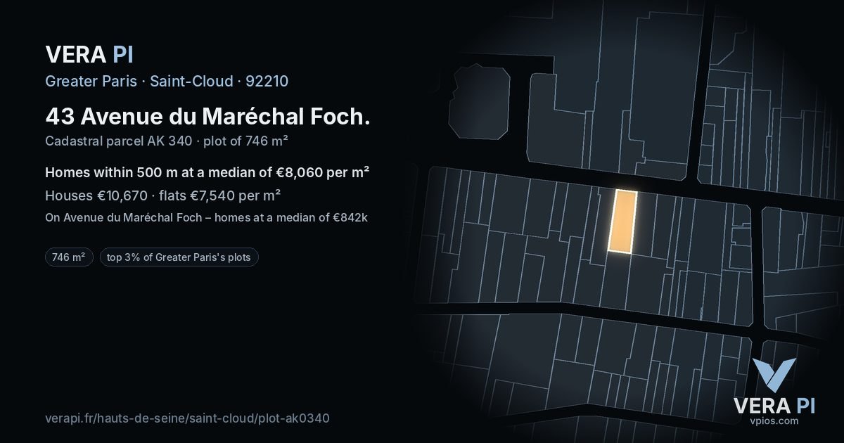43 Avenue du Maréchal Foch, Saint-Cloud at night – the plot lit, the parcels around coloured by the prices near them