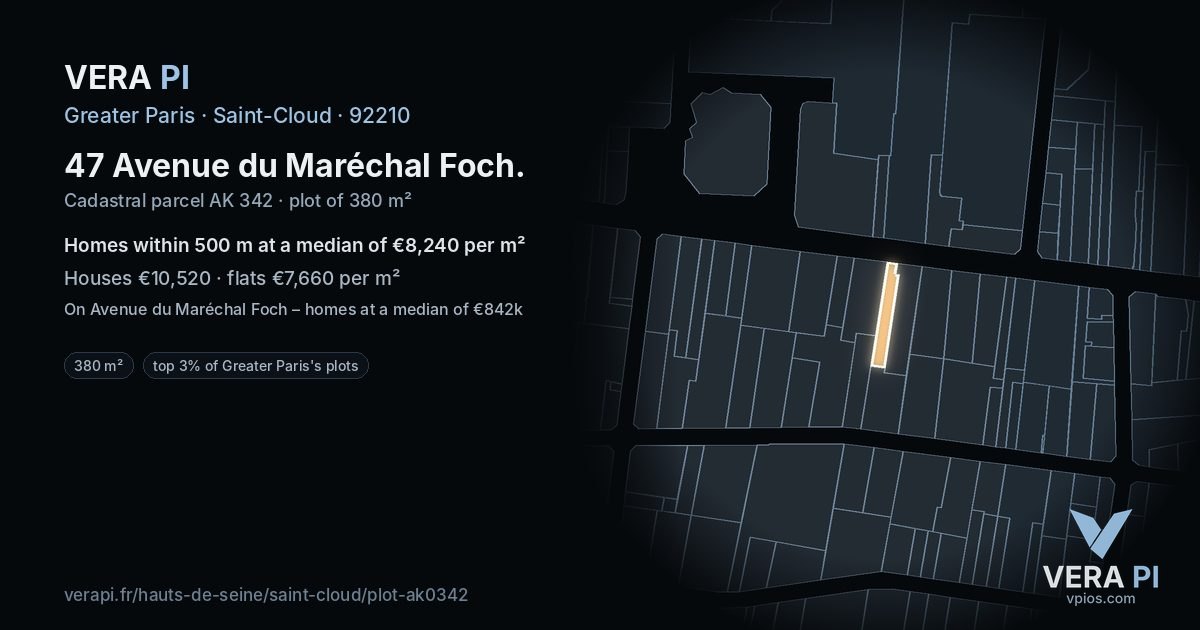 47 Avenue du Maréchal Foch, Saint-Cloud at night – the plot lit, the parcels around coloured by the prices near them