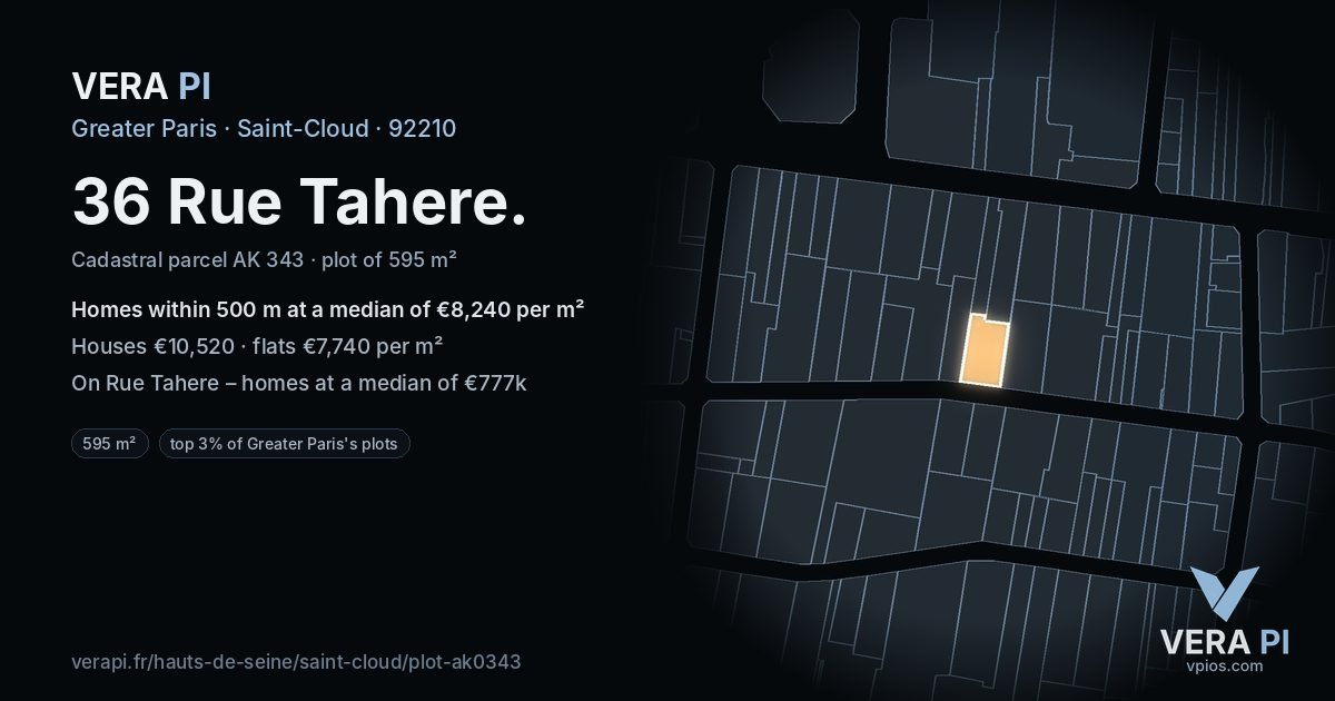 36 Rue Tahere, Saint-Cloud at night – the plot lit, the parcels around coloured by the prices near them