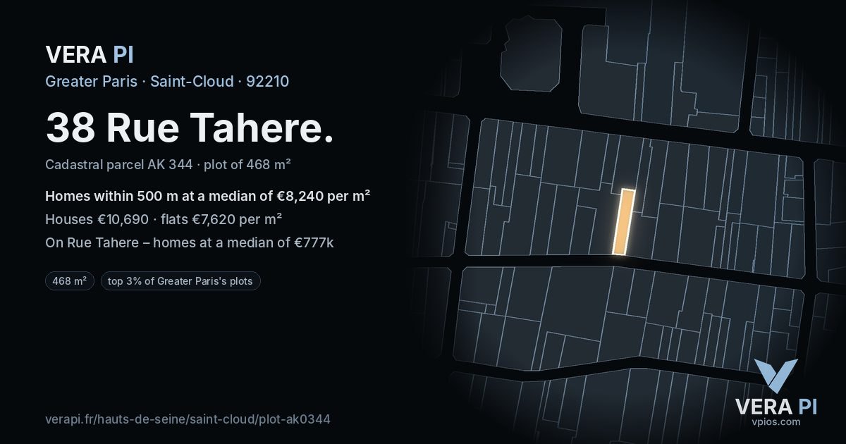 38 Rue Tahere, Saint-Cloud at night – the plot lit, the parcels around coloured by the prices near them