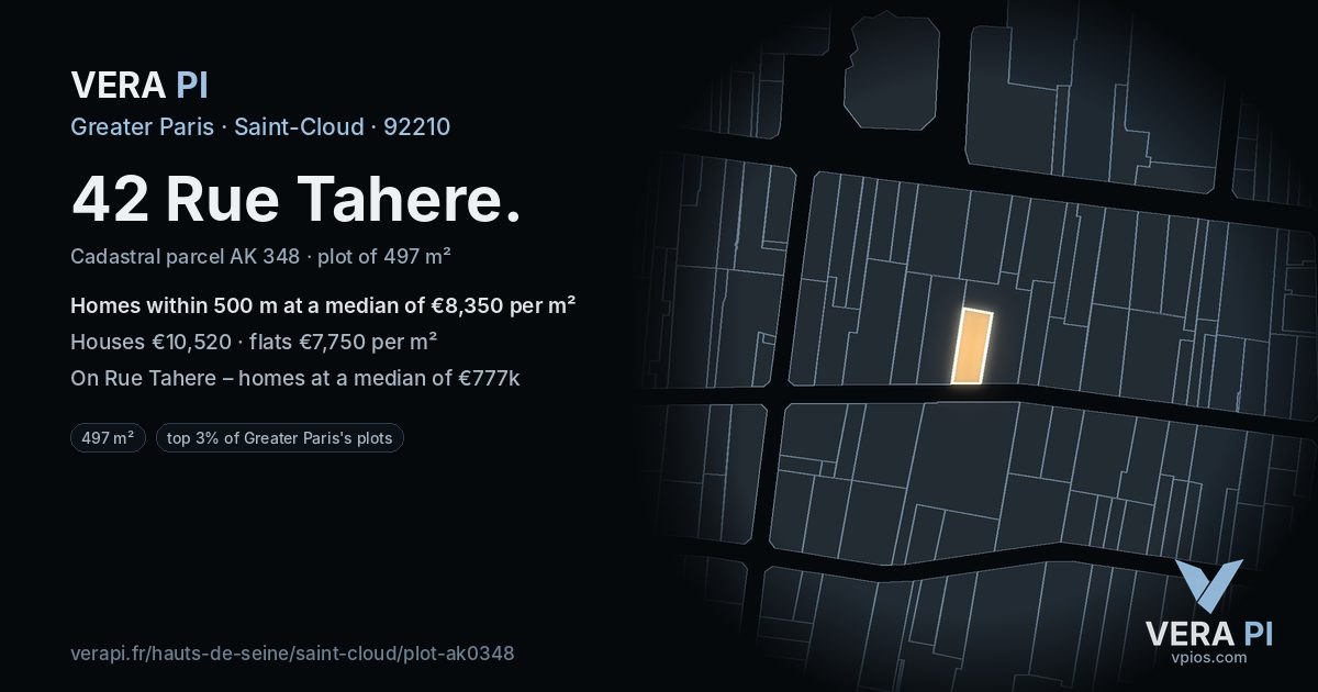 42 Rue Tahere, Saint-Cloud at night – the plot lit, the parcels around coloured by the prices near them