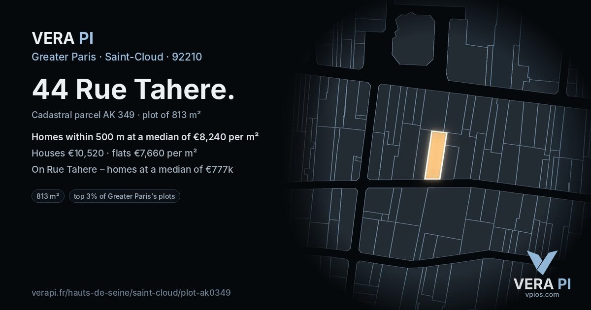 44 Rue Tahere, Saint-Cloud at night – the plot lit, the parcels around coloured by the prices near them