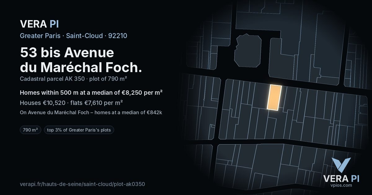 53 bis Avenue du Maréchal Foch, Saint-Cloud at night – the plot lit, the parcels around coloured by the prices near them