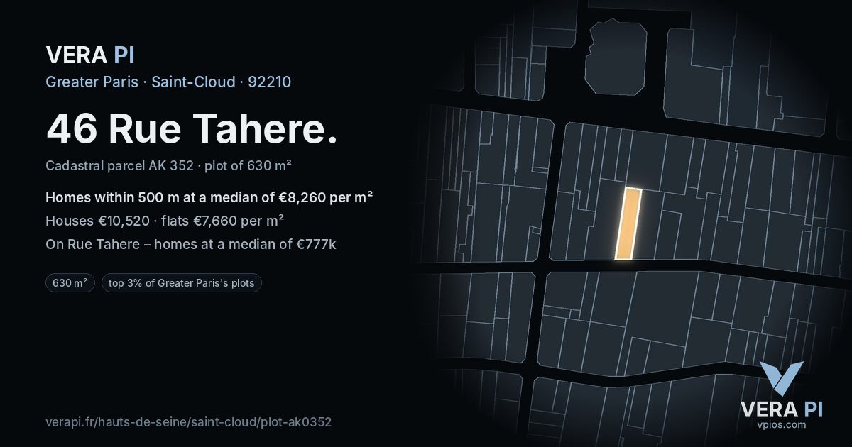 46 Rue Tahere, Saint-Cloud at night – the plot lit, the parcels around coloured by the prices near them